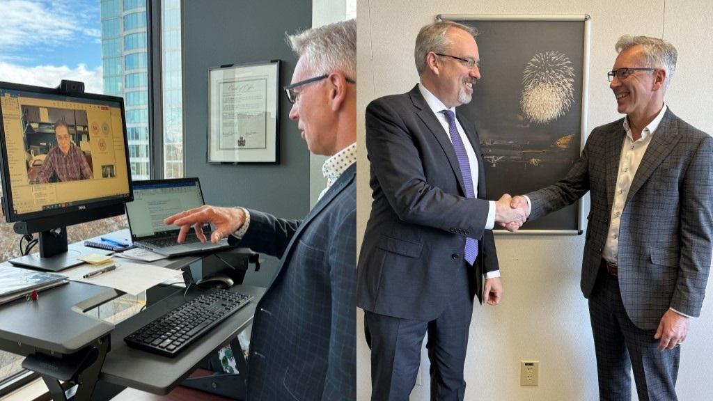 On Feb. 22, Mayor Siemens met virtually with Sumas, Washington Mayor Bruce Bosch (left photo), and the following day he welcomed US Consul General Jim DeHart to City Hall.