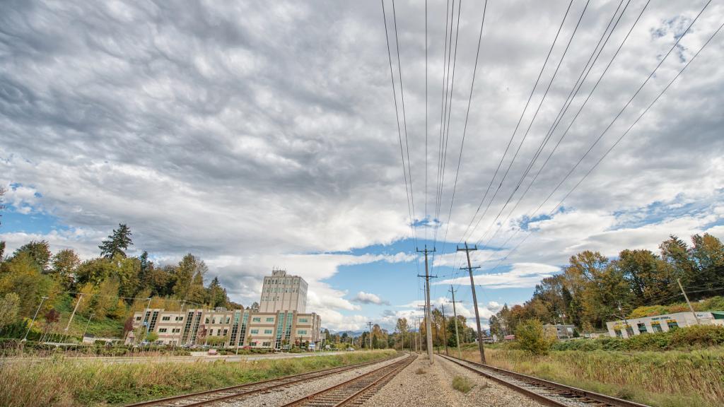 Wide-angle view of railway tracks running through an urban area, framed by trees, utility poles, and buildings beneath textured gray clouds.