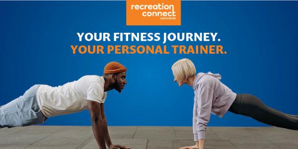 Two people planking in an ad for personal training