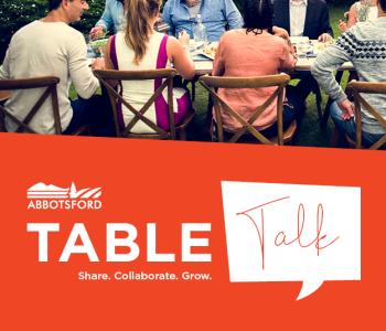 Group of people meeting with words Table Talk on image