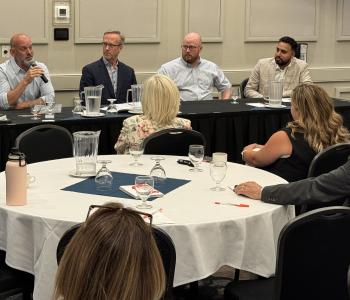 Mayor Siemens and Councillors Driessen and Ross listen to panelists Alan Martens, Minister Glumac, PJ McKnight and Jimmy Dhaliwal.