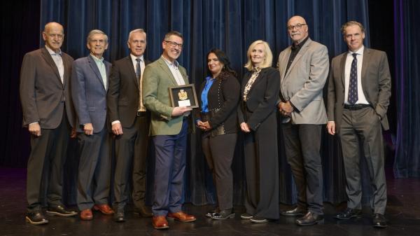 Dr. Calvin Dyck with Mayor Siemens and Councillors Loewen, Gibson, Chahal, Ross, Barkman and Warkentin.